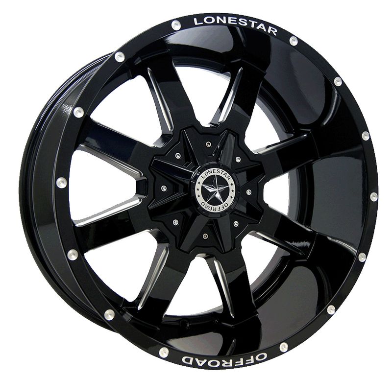 22x12 Gloss Black & Milled Lonestar Gunslinger Wheels (4), 6x135mm & 6x5.5(139.7mm), -44mm Offset