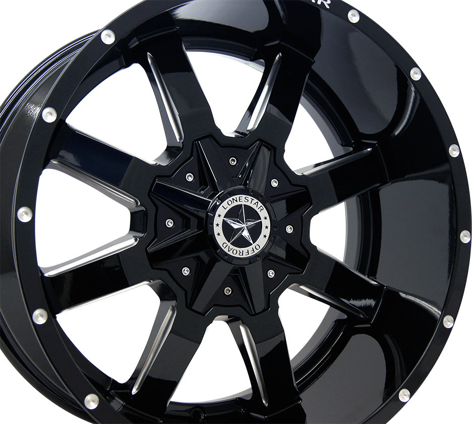 20x10 Gloss Black & Milled Lonestar Gunslinger Wheels (4), 8x180mm, -25mm Offset