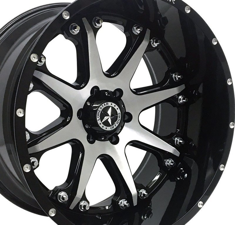 22x12 Gloss Black & Brushed Face Lonestar Bandit Wheels (4), 6x135mm, -44mm Offset