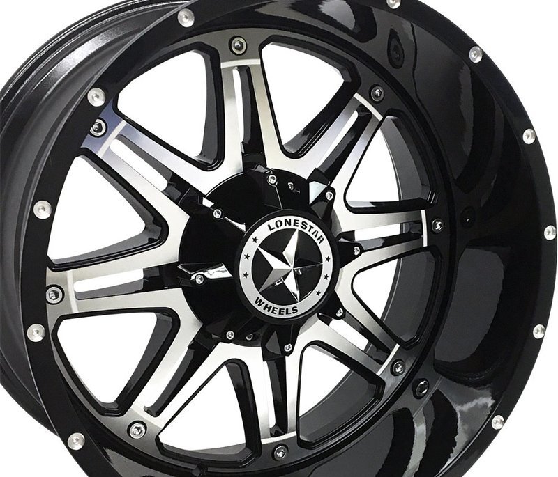 22x12 Gloss Black & Mirror Face Lonestar Outlaw Wheels (4), 8x170mm, -44mm Offset