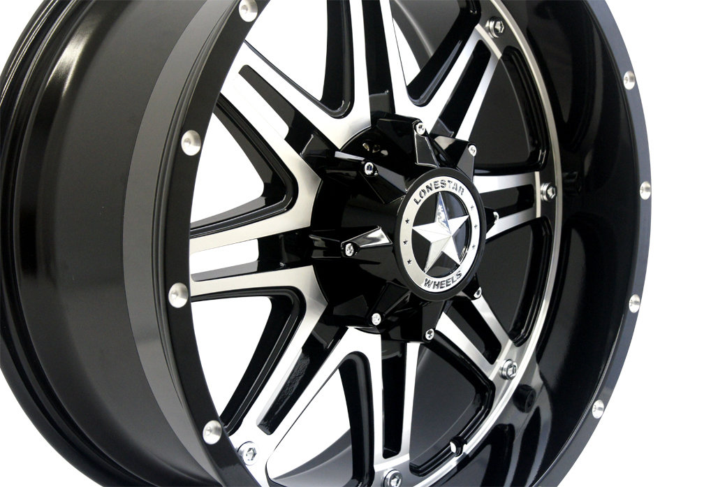 20x9 Gloss Black & Mirror Face Lonestar Outlaw Wheels (4), 6x135mm & 6x5.5(139.7mm), +13mm Offset
