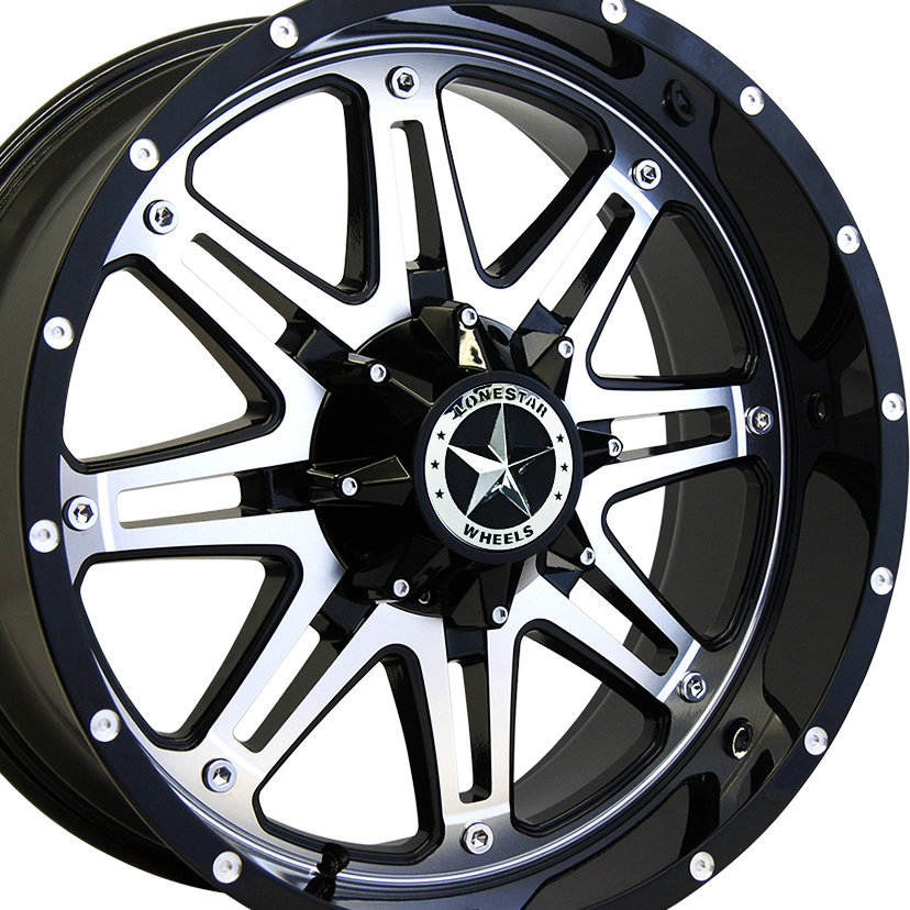 20x9 Gloss Black & Mirror Face Lonestar Outlaw Wheels (4), 6x135mm & 6x5.5(139.7mm), 0mm Offset