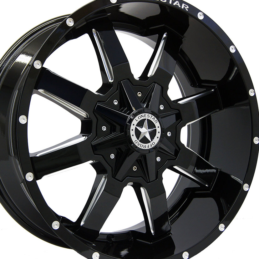20x9 Gloss Black & Milled Lonestar Gunslinger Wheels (4), 6x135mm & 6x5.5(139.7mm), 0mm Offset