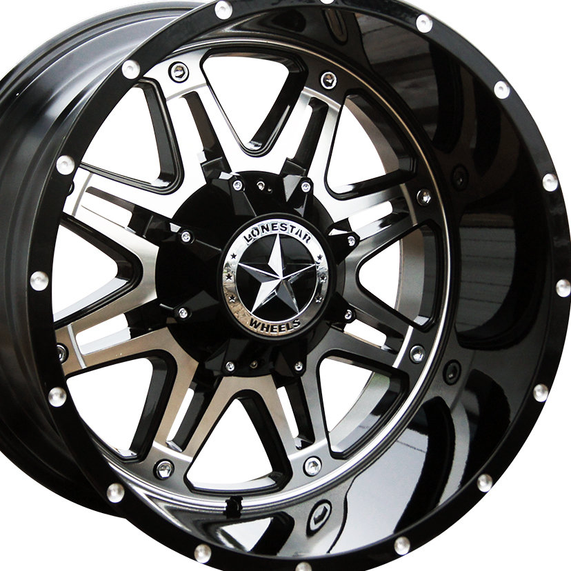 20x12 Gloss Black & Mirror Face Lonestar Outlaw Wheels (4), 6x5.5(139.7mm) & 6x135mm, -44mm Offset