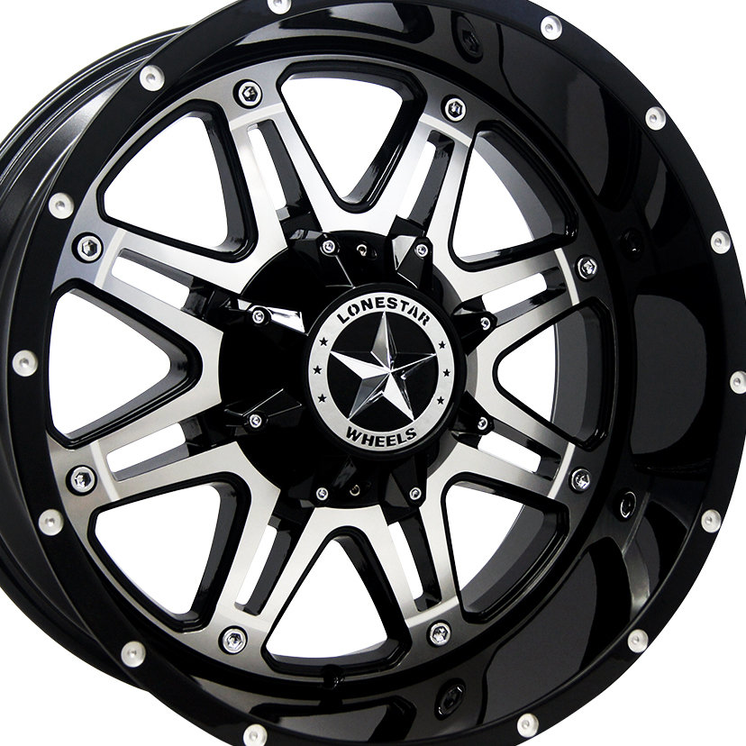 20x10 Gloss Black & Mirror Face Lonestar Outlaw Wheels (4), 8x180mm, -25mm Offset