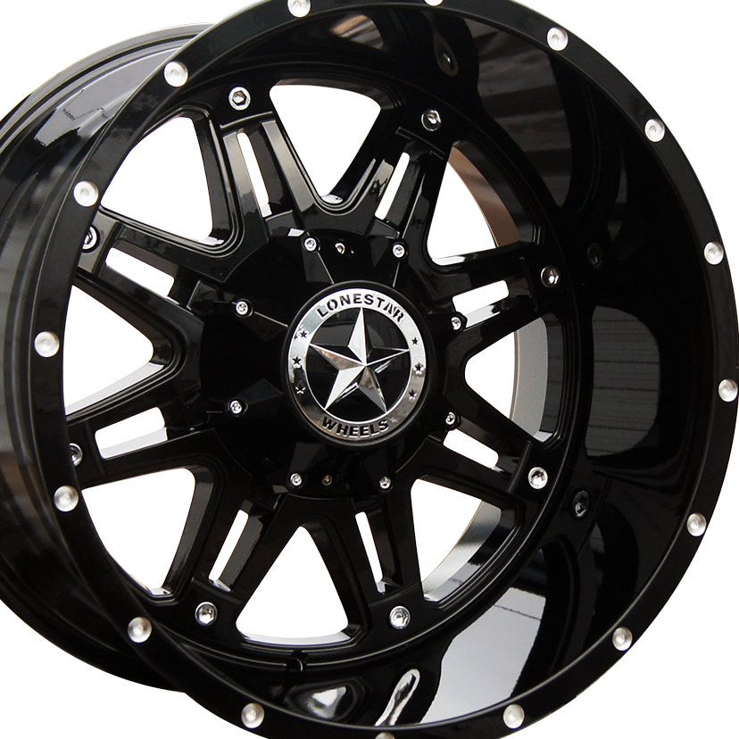20x12 Gloss Black Lonestar Outlaw Wheels (4), 6x5.5(139.7mm) & 6x135mm, -44mm Offset