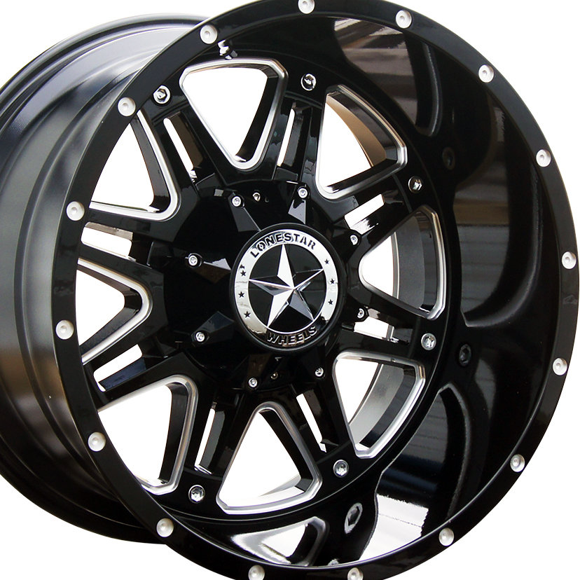 20x12 Gloss Black & Milled Lonestar Outlaw Wheels (4), 5X5.5(139.7mm) & 5x150mm, -44mm Offset