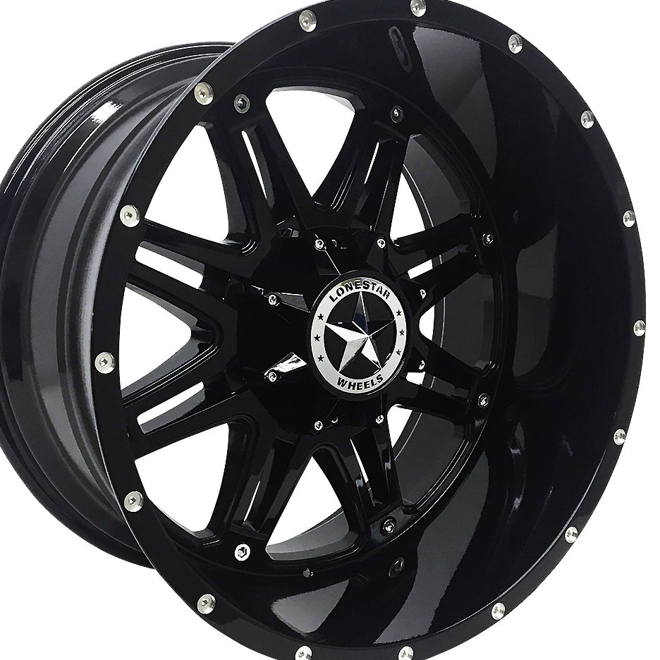 22x12 Gloss Black Lonestar Outlaw Wheels (4), 6x5.5(139.7mm) & 6x135mm, -44mm Offset