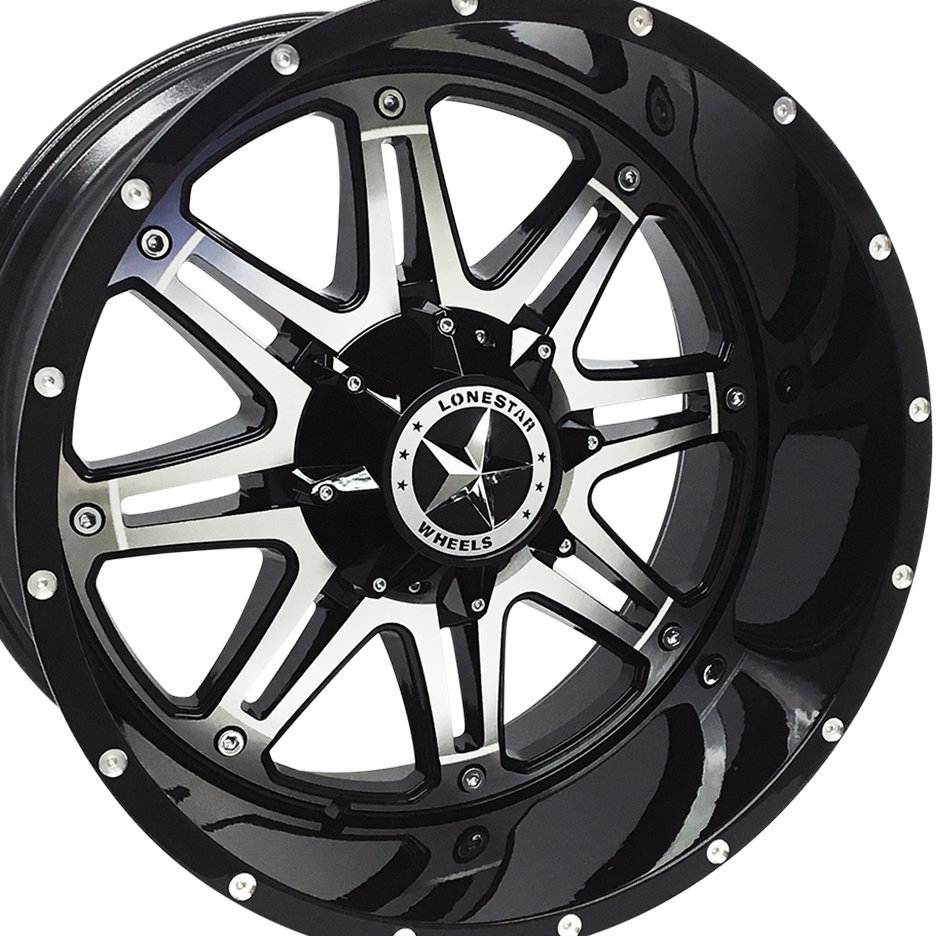 22x12 Gloss Black & Mirror Face Lonestar Outlaw Wheels (4), 6x5.5(139.7mm) & 6x135mm, -44mm Offset