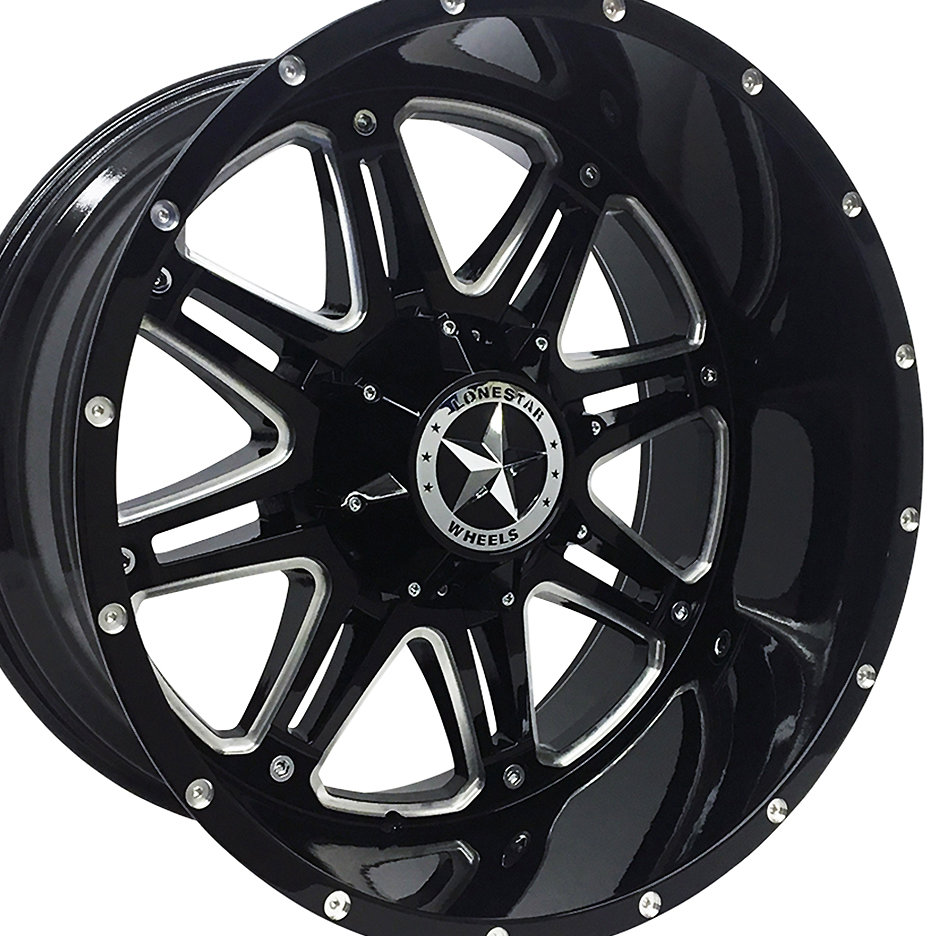 22x12 Gloss Black & Milled Lonestar Outlaw Wheels (4), 6x5.5(139.7mm) & 6x135mm, -44mm Offset