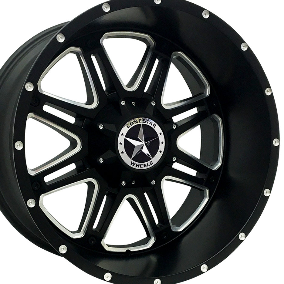 22x12 Matte Black & Milled Lonestar Outlaw Wheels (4), 6x5.5(139.7mm) & 6x135mm, -44mm Offset