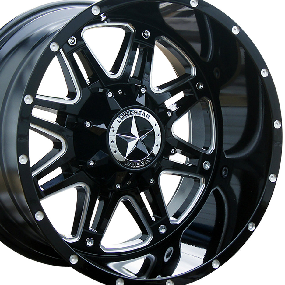 20x12 Gloss Black & Milled Lonestar Outlaw Wheels (4), 6x5.5(139.7mm) & 6x135mm, -44mm Offset