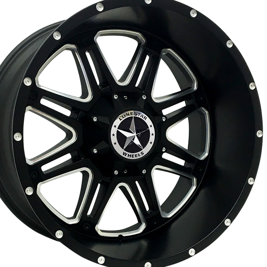 22x12 Matte Black & Milled Lonestar Outlaw Wheels (4), 5x5.5(139.7mm) & 5x150mm, -44mm Offset