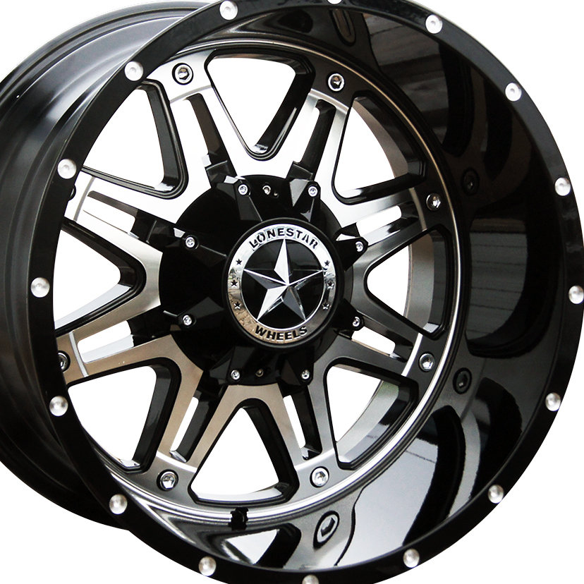 20x12 Gloss Black & Mirror Face Lonestar Outlaw Wheels (4), 8x6.5(165.1mm), -44mm Offset 20x12 Gloss Black & Mirror Face Lonestar Outlaw Wheels (4), 8x6.5(165.1mm), -44mm Offset
