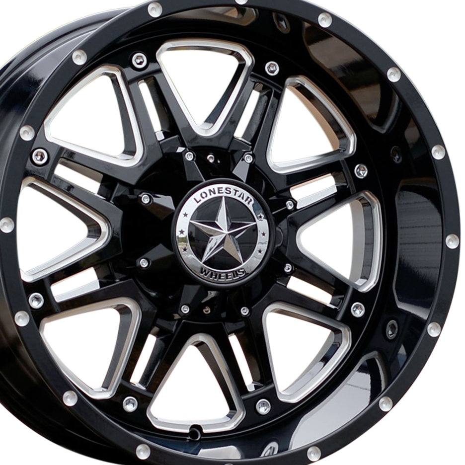 20x10 Gloss Black & Milled Lonestar Outlaw Wheels (4), 5x5.5(139.7mm) & 5x150mm, -25mm Offset 20x10 Gloss Black & Milled Lonestar Outlaw Wheels (4), 5x5.5(139.7mm) & 5x150mm, -25mm Offset