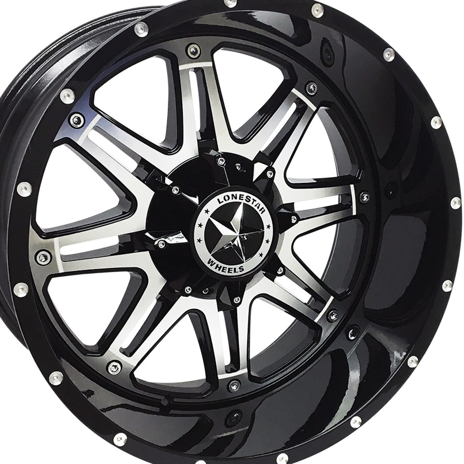 22x12 Gloss Black & Mirror Face Lonestar Outlaw Wheels (4), 5x5.5(139.7mm) & 5x150mm, -44mm Offset 22x12 Gloss Black & Mirror Face Lonestar Outlaw Wheels (4), 5x5.5(139.7mm) & 5x150mm, -44mm Offset