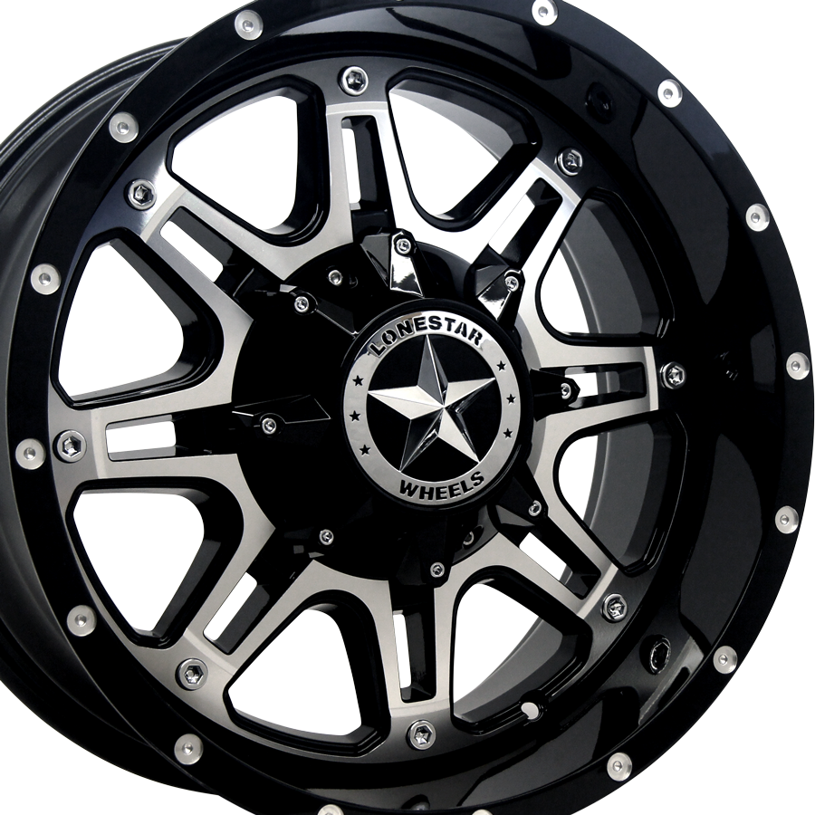 18x9 Gloss Black & Mirror Face Lonestar Outlaw Wheels (4), 8x170mm, 0mm Offset