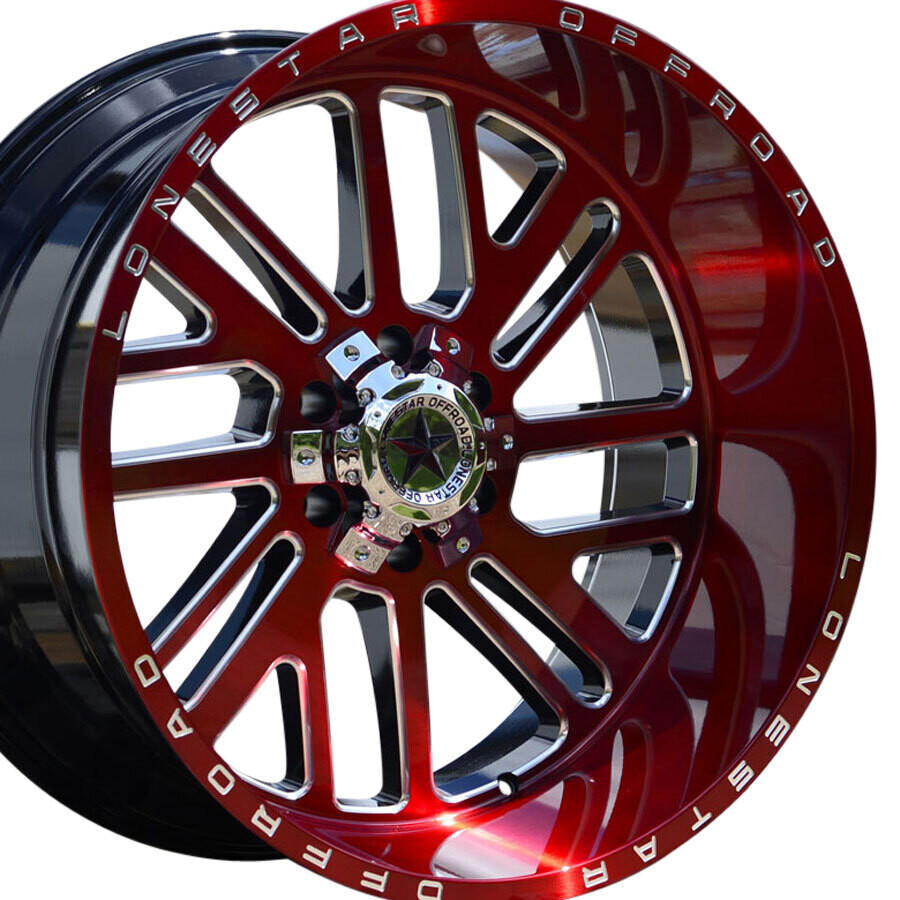 22x12 Brushed Cherry Red & Milled Lonestar Tomahawk Wheels (4), 6x5.5(139.7mm) & 6x135mm, -44mm Offset 22x12 Brushed Cherry Red & Milled Lonestar Tomahawk Wheels (4), 6x5.5(139.7mm) & 6x135mm, -44mm Offset