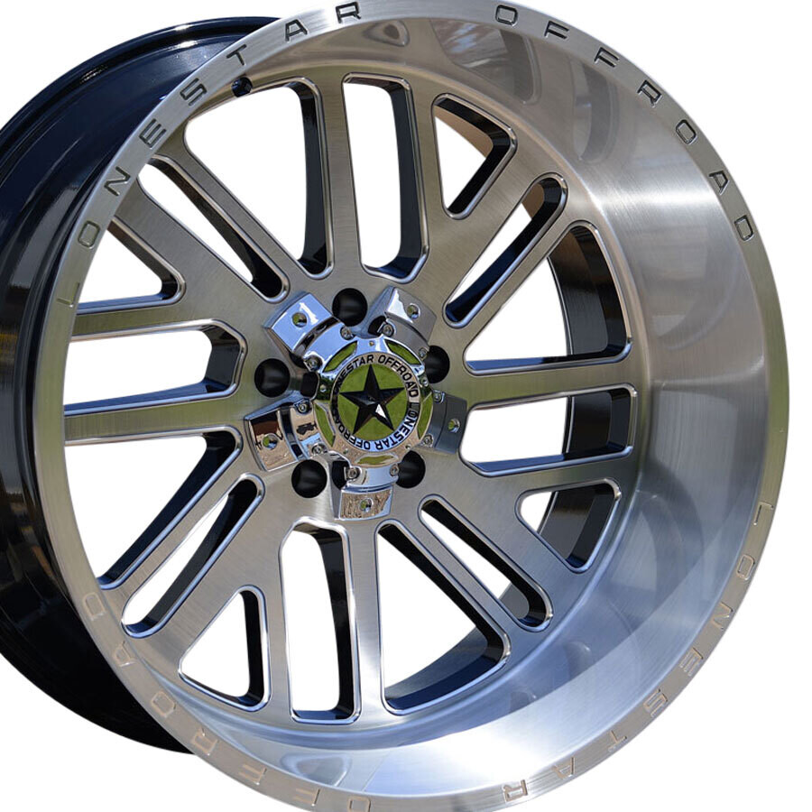 22x12 Brushed & Milled Lonestar Tomahawk Wheels (4), 5x5.5(139.7mm) & 5x150mm, -44mm Offset 22x12 Brushed & Milled Lonestar Tomahawk Wheels (4), 5x5.5(139.7mm) & 5x150mm, -44mm Offset