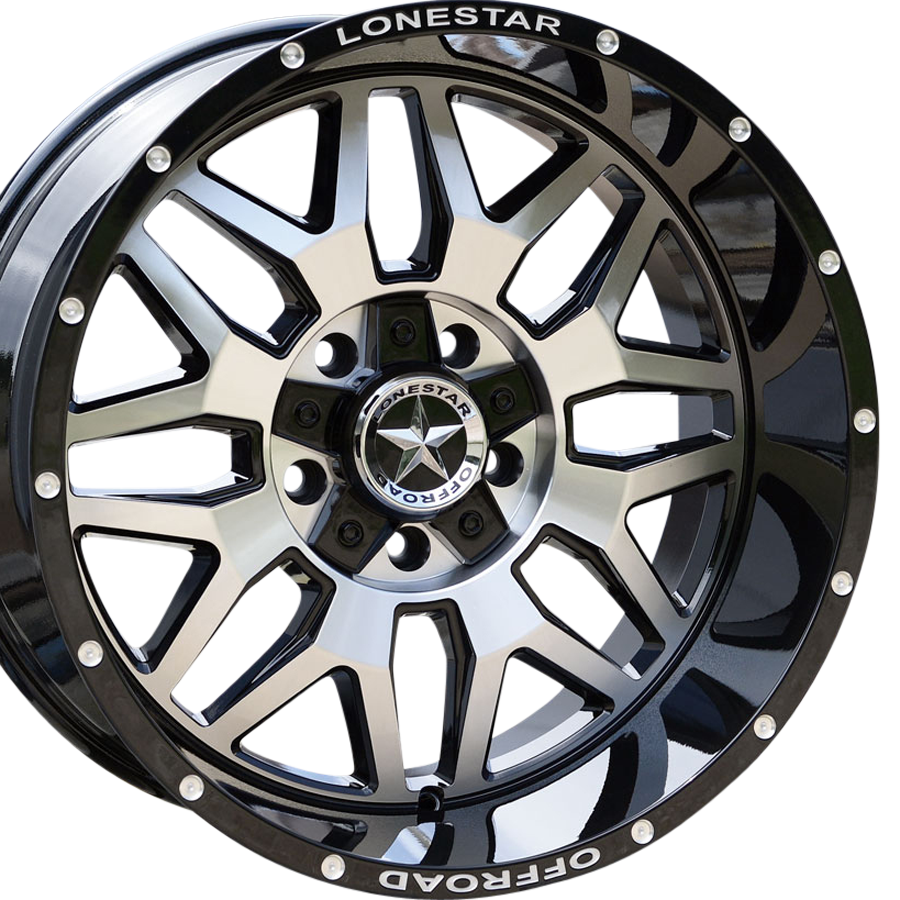 20x10 Gloss Black & Mirror Face Lonestar Renegade Wheels (4), 5x5.5(139.7mm) & 5x150mm, -25mm Offset 20x10 Gloss Black & Mirror Face Lonestar Renegade Wheels (4), 5x5.5(139.7mm) & 5x150mm, -25mm Offset