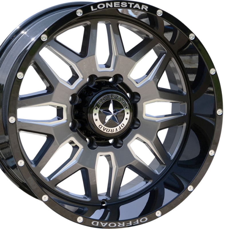 20x10 Gloss Black, Gunmetal Face & Milled Lonestar Renegade Wheels (4), 8x170mm, -25mm Offset