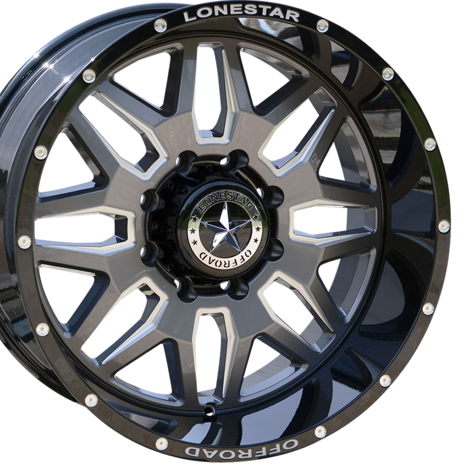 20x10 Gloss Black, Gunmetal Face & Milled Lonestar Renegade Wheels (4), 8x180mm, -25mm Offset 20x10 Gloss Black, Gunmetal Face & Milled Lonestar Renegade Wheels (4), 8x180mm, -25mm Offset