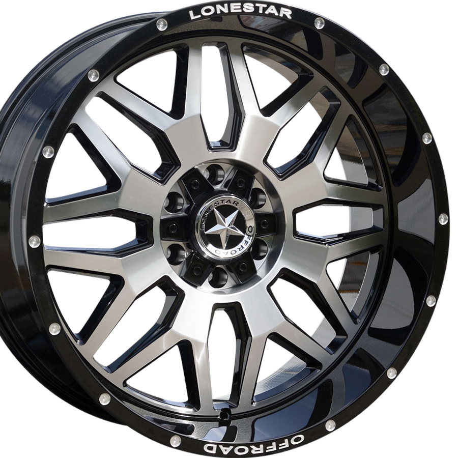 22x10 Gloss Black & Mirror Face Lonestar Renegade Wheels (4), 6x5.5(139.7mm) & 6x135mm, -25mm Offset 22x10 Gloss Black & Mirror Face Lonestar Renegade Wheels (4), 6x5.5(139.7mm) & 6x135mm, -25mm Offset