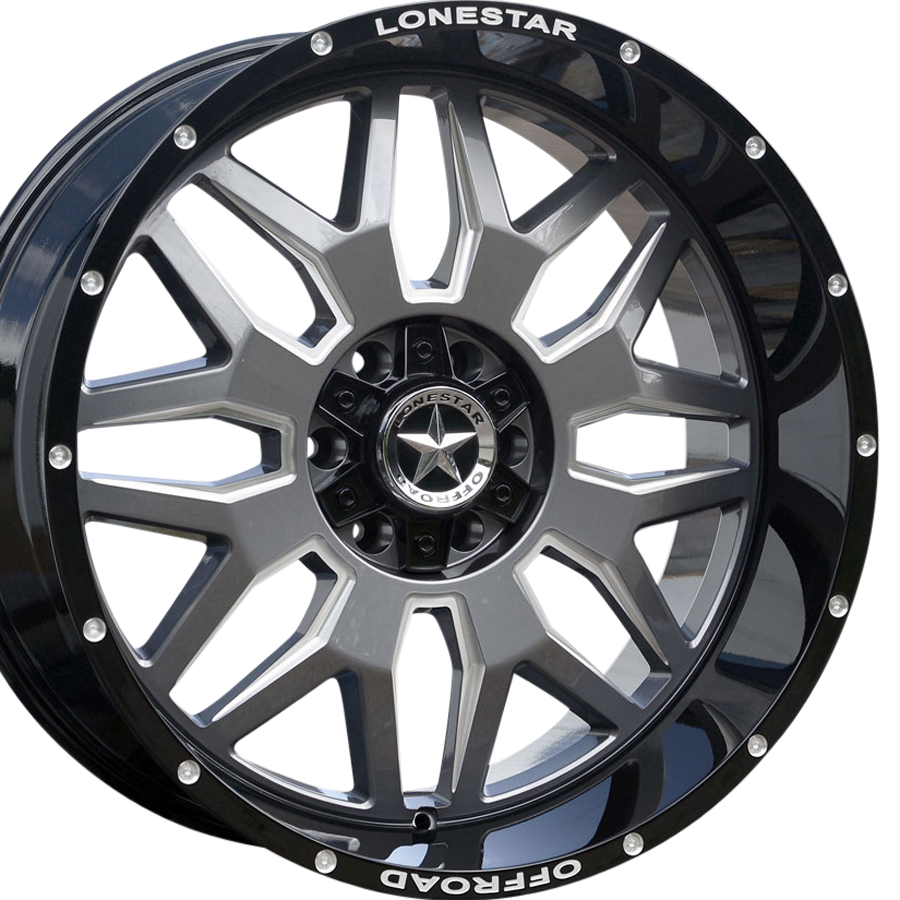 22x10 Gloss Black, Gunmetal Face & Milled Lonestar Renegade Wheels (4), 6x5.5(139.7mm) & 6x135mm, -25mm Offset 22x10 Gloss Black, Gunmetal Face & Milled Lonestar Renegade Wheels (4), 6x5.5(139.7mm) & 6x135mm, -25mm Offset