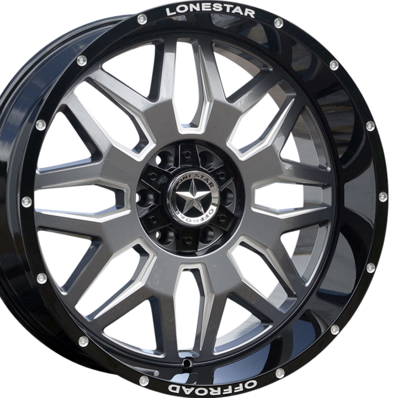 22x10 Gloss Black, Gunmetal Face & Milled Lonestar Renegade Wheels (4), 6x5.5(139.7mm) & 6x135mm, -25mm Offset