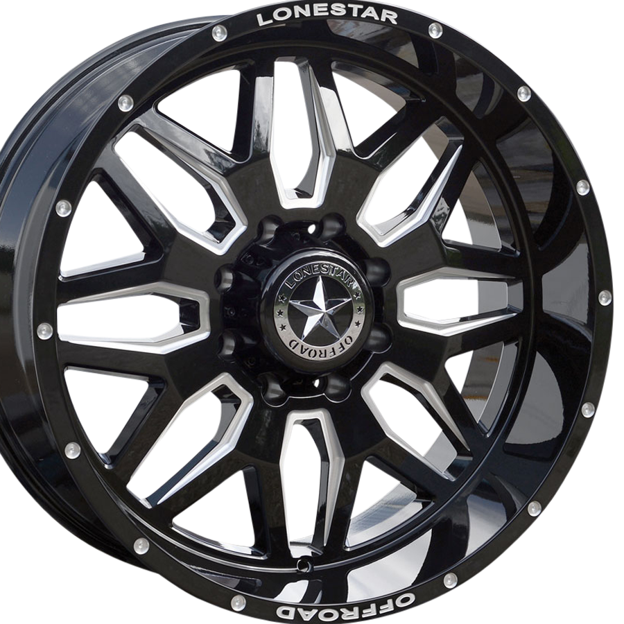 22x10 Gloss Black & Milled Lonestar Renegade Wheels (4), 8x180mm, -25mm Offset 22x10 Gloss Black & Milled Lonestar Renegade Wheels (4), 8x180mm, -25mm Offset