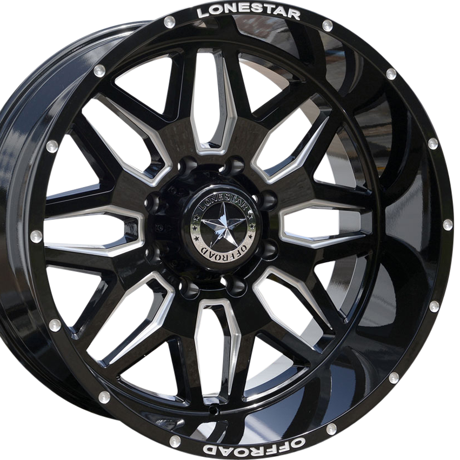 22x12 Gloss Black & Milled Lonestar Renegade Wheels (4), 8x170mm, -44mm Offset