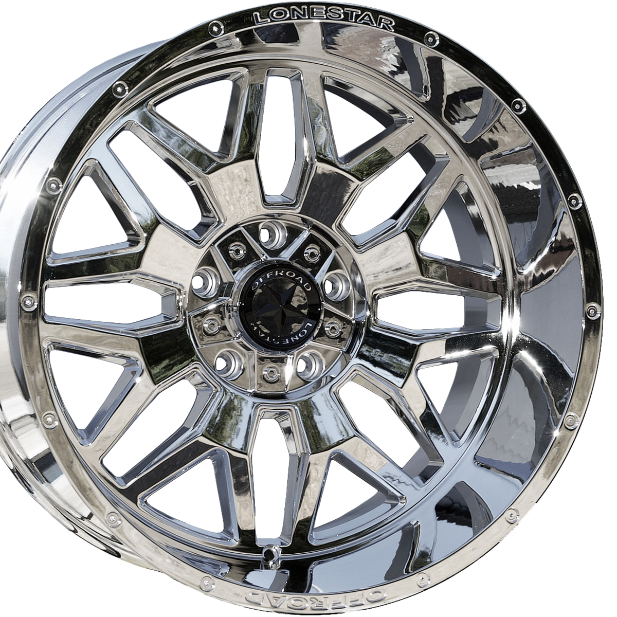 22x12 Chrome Lonestar Renegade Wheels (4), 5x5.5(139.7mm) & 5x150mm, -44mm Offset 22x12 Chrome Lonestar Renegade Wheels (4), 5x5.5(139.7mm) & 5x150mm, -44mm Offset