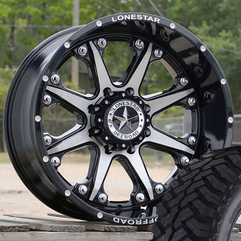 22x12 Gloss Black & Brushed Face Lonestar Bandit Wheels (4), 8x180mm, -44mm Offset +35 22x12 Gloss Black & Brushed Face Lonestar Bandit Wheels (4), 8x180mm, -44mm Offset +35" Tires