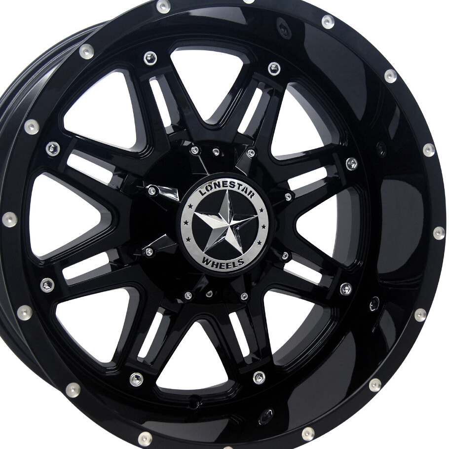 20x10 Gloss Black Lonestar Outlaw Wheels (4), 8x6.5(165.1mm), -25mm Offset 20x10 Gloss Black Lonestar Outlaw Wheels (4), 8x6.5(165.1mm), -25mm Offset