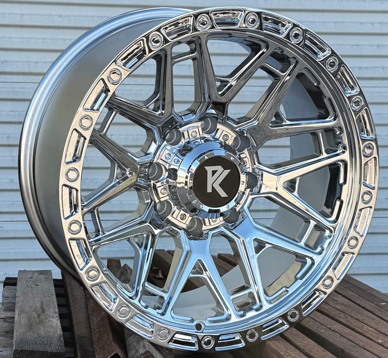 20x10 Chrome Rock King Wheels (4), 8x6.5(165.1mm), -12mm Offset with (4)35x12.50x20 Nitto Ridge Grappler tires with (4)TPMS sensors.  Mounted and balanced and shipped VA