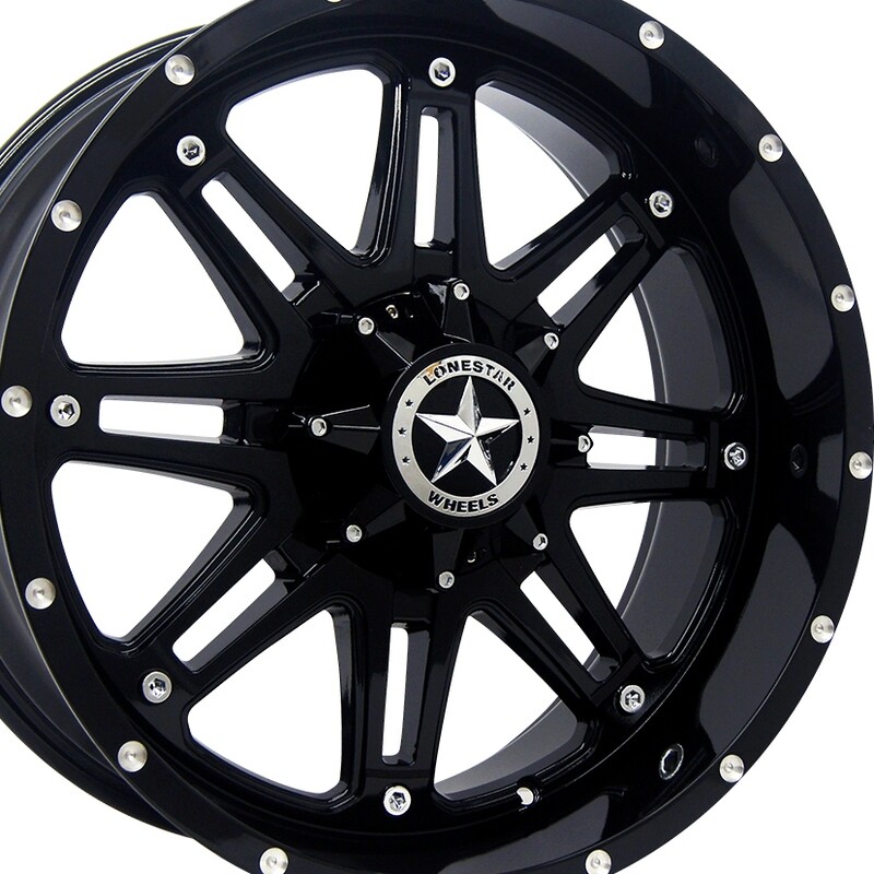 20x9 Gloss Black Lonestar Outlaw Wheels (4), 5x5.5(139.7mm) & 5x5(127mm), 0mm Offset + 275/60 tires +tpms 20x9 Gloss Black Lonestar Outlaw Wheels (4), 5x5.5(139.7mm) & 5x5(127mm), 0mm Offset + 275/60 tires +tpms