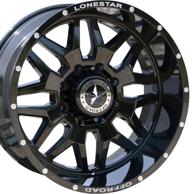 20x10 Gloss Black Lonestar Renegade Wheels (4), 8x170mm, -25mm Offset with (4)33x12.50x20 Advanta RTX tires and (4)TPMS shipped.