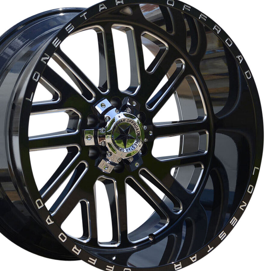 22x12 Gloss Black & Milled Lonestar Tomahawk Wheels (4), 6x5.5(139.7mm) & 6x135mm, -44mm Offset