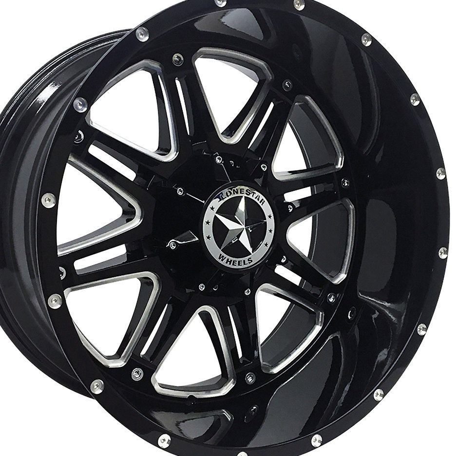 22x12 Gloss Black & Milled Lonestar Outlaw Wheels (4), 6x5.5(139.7mm) & 6x135mm, -44mm Offset 22x12 Gloss Black & Milled Lonestar Outlaw Wheels (4), 6x5.5(139.7mm) & 6x135mm, -44mm Offset