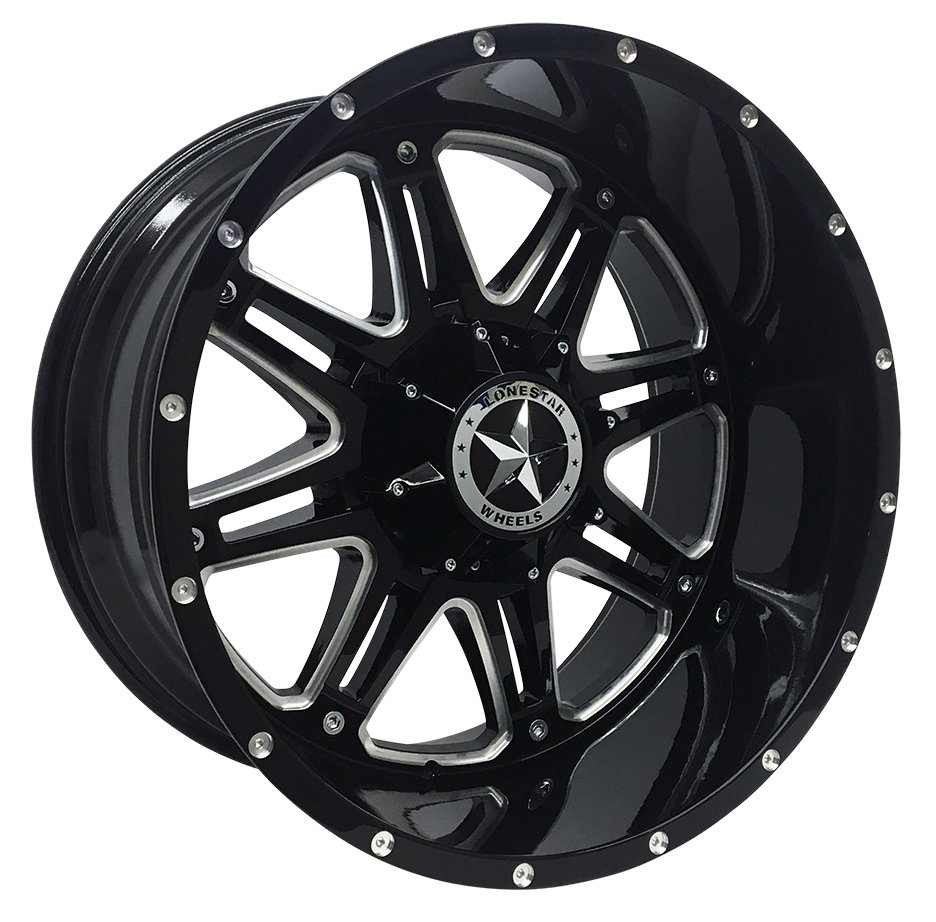 22x12 Gloss Black & Milled Lonestar Outlaw Wheels (4), 8x6.5(165.1mm), -44mm Offset 22 Inch Gloss Black and Milled Outlaw