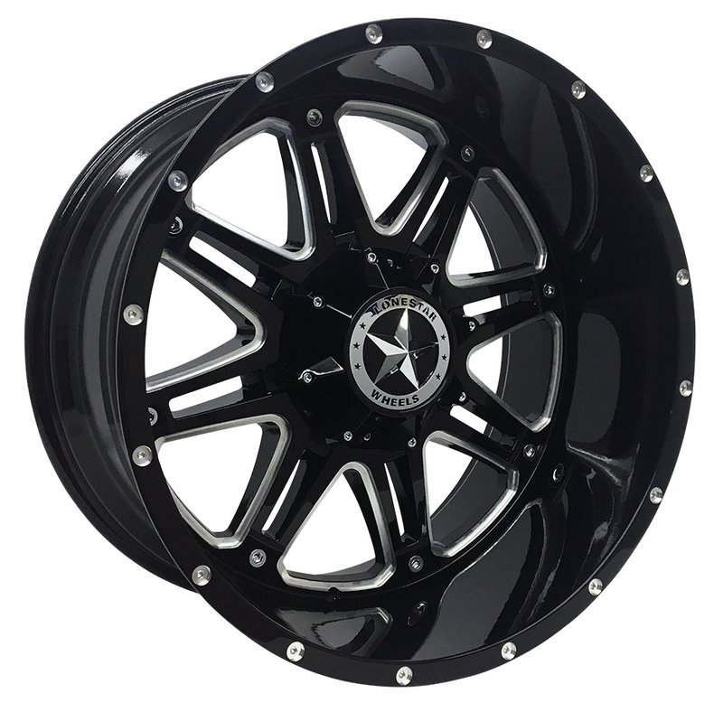 22x12 Gloss Black & Milled Lonestar Outlaw Wheels (4), 8x6.5(165.1mm), -44mm Offset 22 Inch Gloss Black and Milled Outlaw