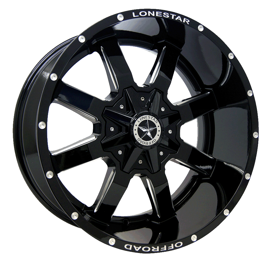22x12 Gloss Black & Milled Lonestar Gunslinger Wheels (4), 6x135mm & 6x5.5(139.7mm), -44mm Offset 22x12 Gloss Black & Milled Lonestar Gunslinger Wheels (4), 6x135mm & 6x5.5(139.7mm), -44mm Offset