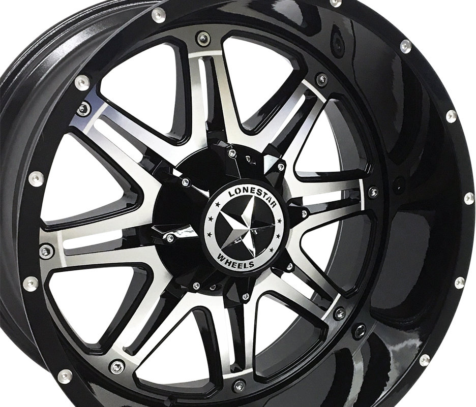 22x12 Gloss Black & Mirror Face Lonestar Outlaw Wheels (4), 8x6.5(165.1mm), -44mm Offset 22x12 Gloss Black & Mirror Face Lonestar Outlaw Wheels (4), 8x6.5(165.1mm), -44mm Offset