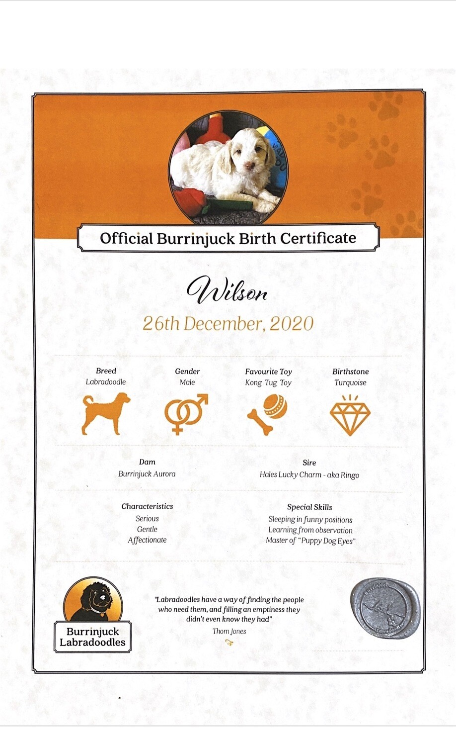 Burrinjuck Puppy Adoption Certificate