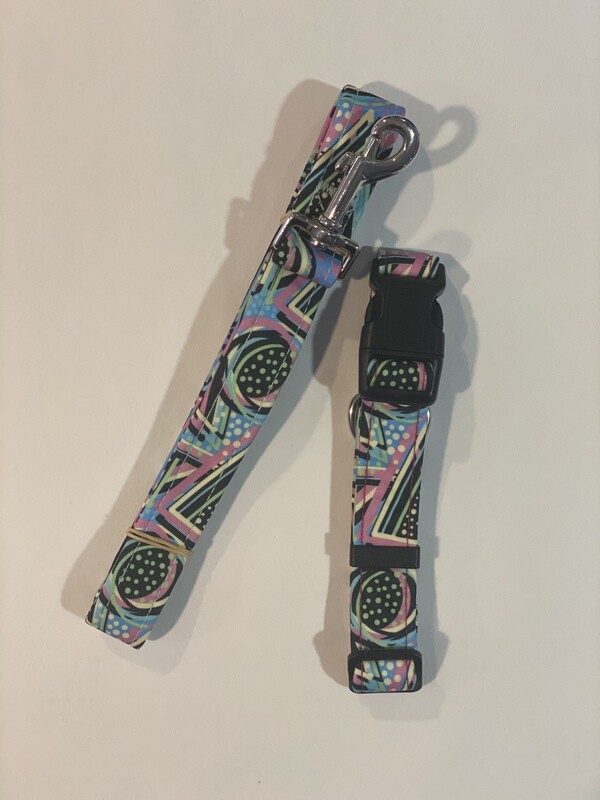 Collar and Lead Set - Medium. Geometric shapes and dots.