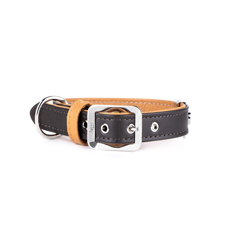 MyFamily Hermitage Dog Collar in Genuine Italian Brown Leather with White Bronze finishing. Brown / Ochre. M
