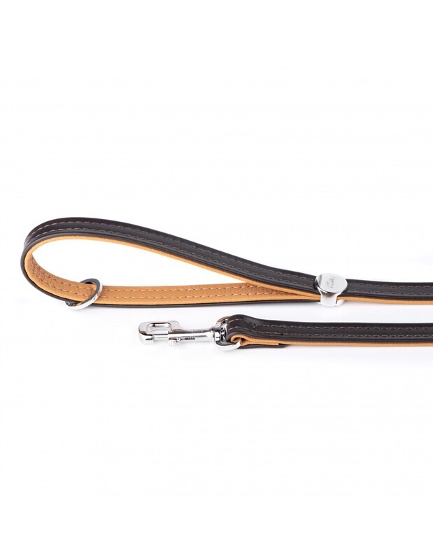 MyFamily Hermitage Dog Leash in Genuine Italian Brown Leather with white bronze Plated finishing