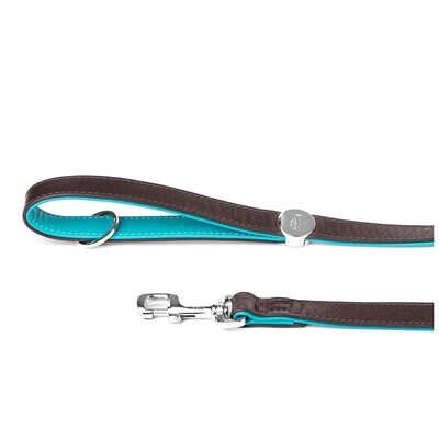 Dog leash of the Hermitage collection in genuine Italian brown/turquoise leather with white bronze finishing.