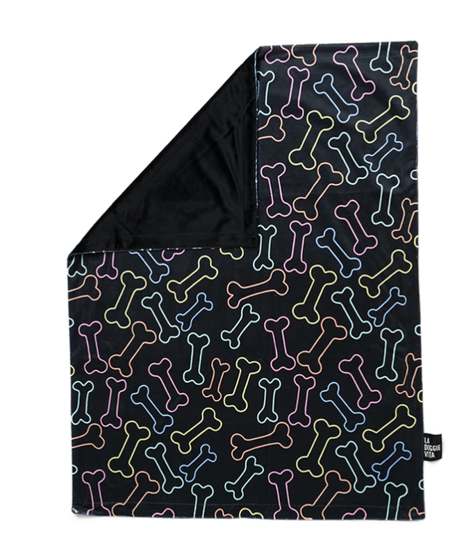 La Doggie Vita Minky Fleece Pet Blanket Neon Bones MED