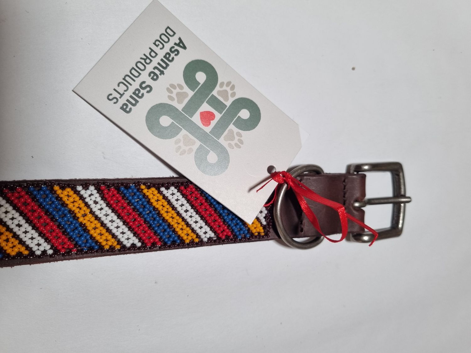 Asante Sana COLLAR - African Hand Beaded Leather STRIPES Tan LG